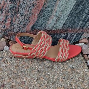 Tory Burch Lola jute strap & leather flat sandals poppy/natural sz 7